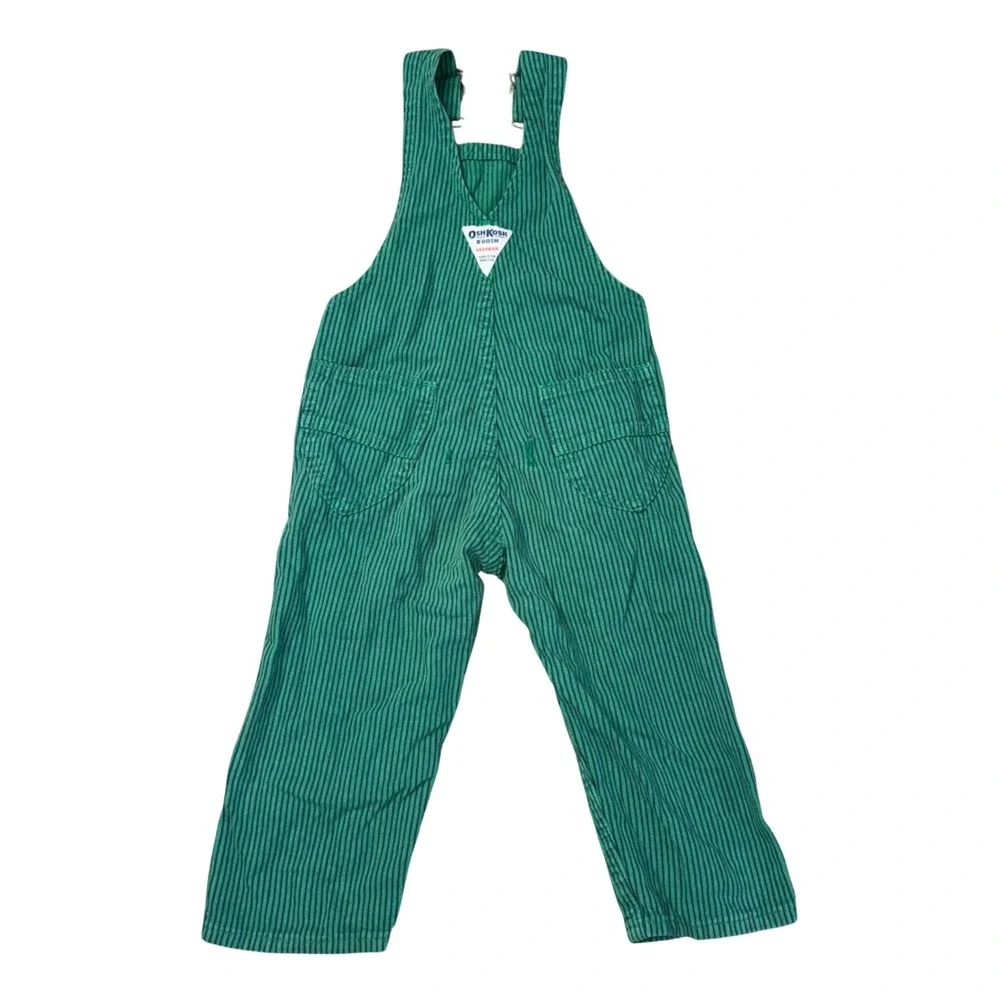 OshKosh B'gosh Overalls Kids 2T Green Hickory Stripe Good Vintage Made in USA